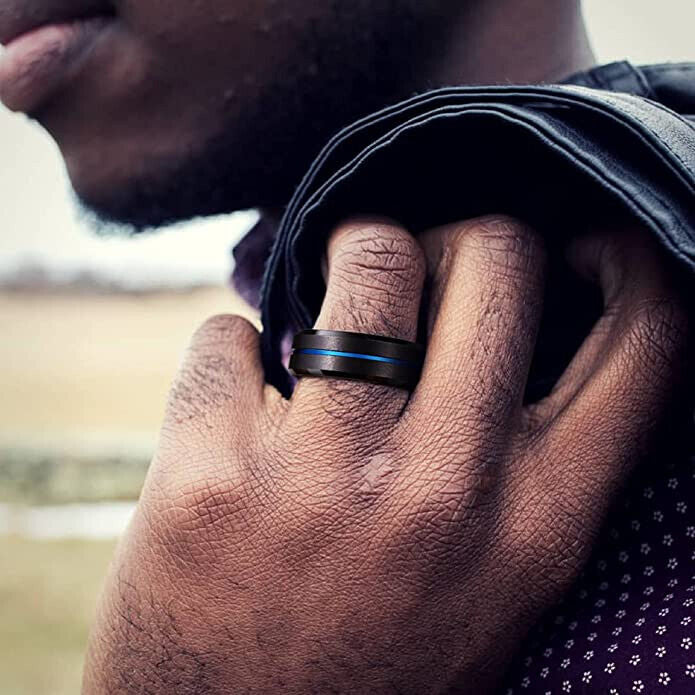 Tungsten Carbide Ring with Electric Blue and Grooved Texture