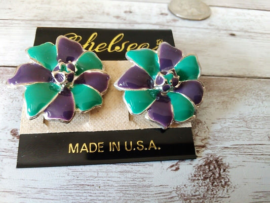 Purple, silver and teal flower earrings from thr 1980s