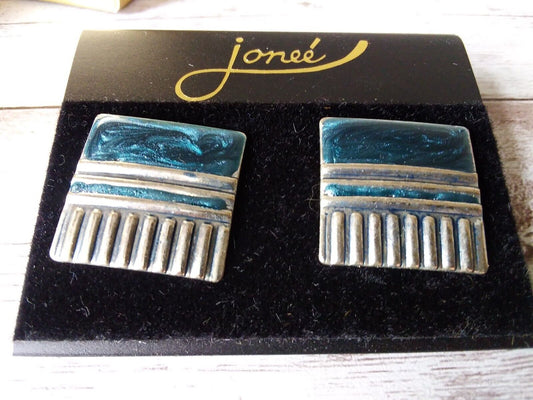 Silvered Symmetry: Stylish Blue Painted Square Earrings from the 1980s