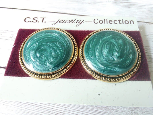 Striking Large 1980s Painted Enamel Teal Circle Earrings