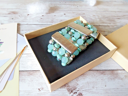 Seafoam Chic Blue Wide Stretch Bracelet With Silver Tone Brilliance