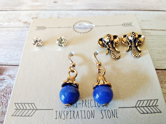 Hypoallergenic Earring Set with Gold Elephants, CZ Studs, and Lapis Lazuli