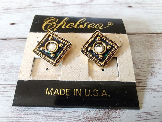 Regal Retro Radiance: Deep Green and Gold Tone 1980s Post Earrings w/Surgical Steel Posts