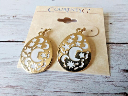 Moonshadow Magic: Gold Tone Teardrops with Moon Cutout Earrings