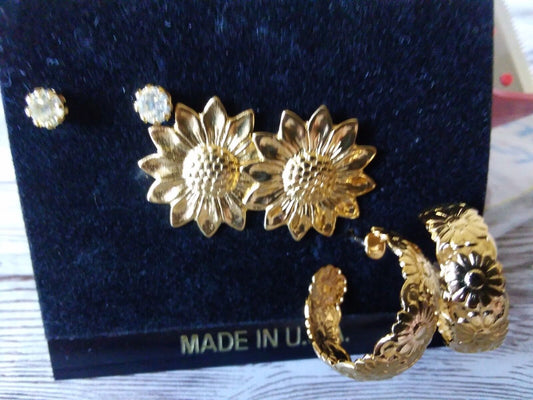 Sunflower Glow Trio: Exquisite Earring Set, USA Crafted