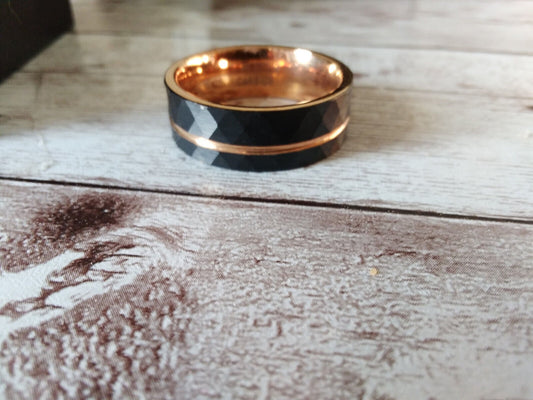 Modern Black & Rose Gold Diamond Imprint Tungsten Ring: Size 11, 8mm