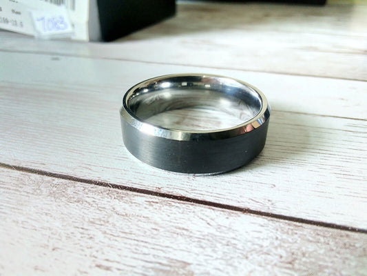 Modern Two-Tone Black and Silver Tungsten Carbide Ring: Size 13.5, 8mm Band