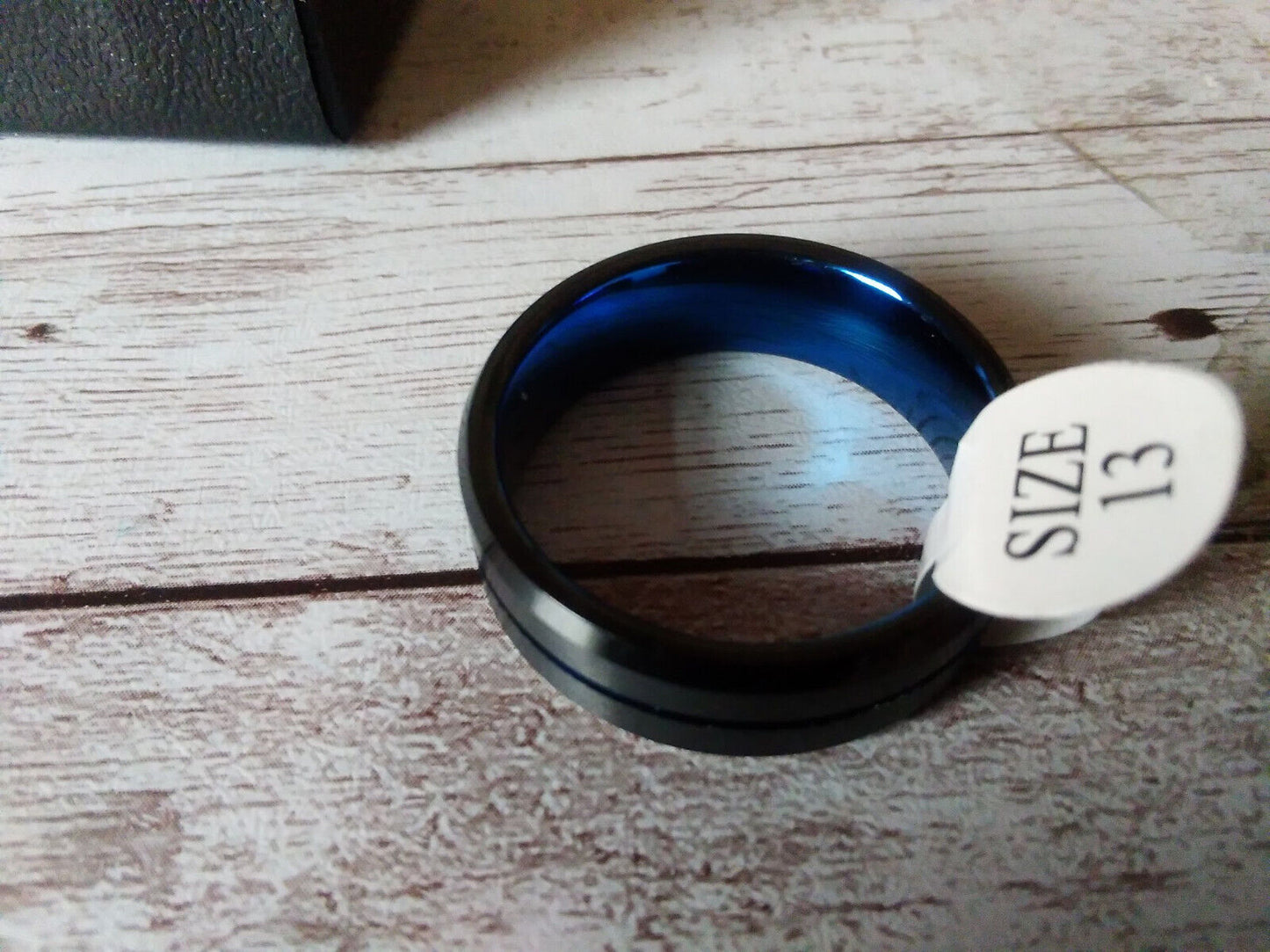 Detailed View of Black and Blue Tungsten Carbide Ring