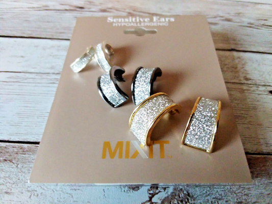 Three pair small hoop earring set in silver gray and gold