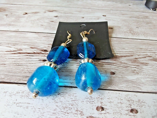 Mesmerizing Oceanic Sparkle: Blue Beaded Glass Dangle Earrings