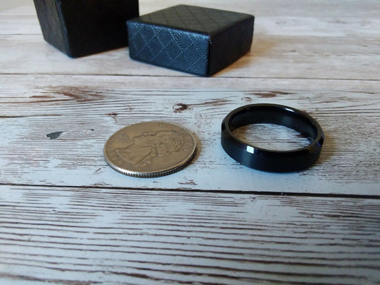 Modern Onyx Tungsten Ring: 6mm Brushed Bevel Edge, Comfort Fit, Size 11.5