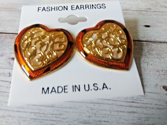 Amber Embrace: Vintage 80s Brown and Gold Heart-Shaped Large Studs