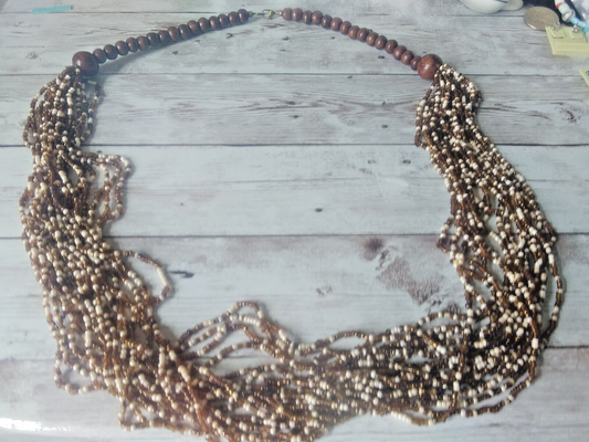 Rustic Reverie: Multistrand Wood and Seed Bead Necklace