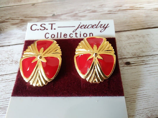 Jetset Elegance: Sleek Vintage Red and Gold Oval Earrings