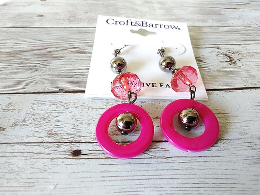 Electric Pink Punk Drop Earrings with Silver Ball Detail