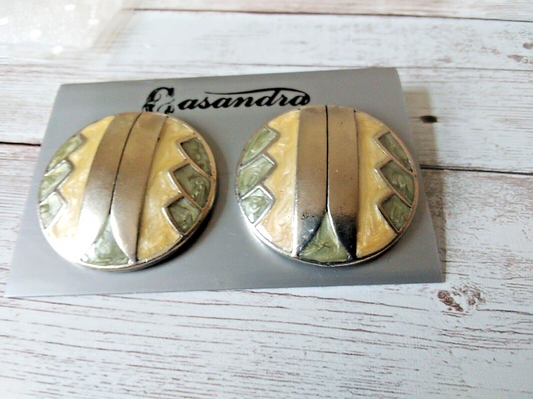 Light green and yellow retro earrings with silver accents