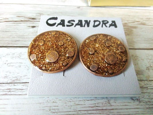 Copper Planet Delight 80s Glitter Earrings on original card