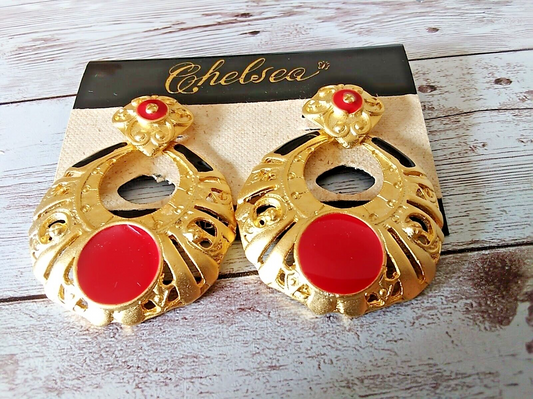 Large 1980s Authentic Daring Vintage Gold Tone and Red Earrings