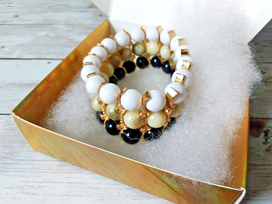 Sophisticated Tan, Black, White, and Gold Beaded Bracelet