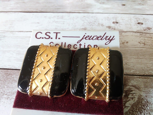 Statement Black and Gold Plated Rounded 1980s Square Earrings