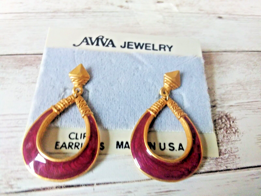 Vintage 1980s Maroon Red Enamel Drop Earrings by Aviva Jewelry