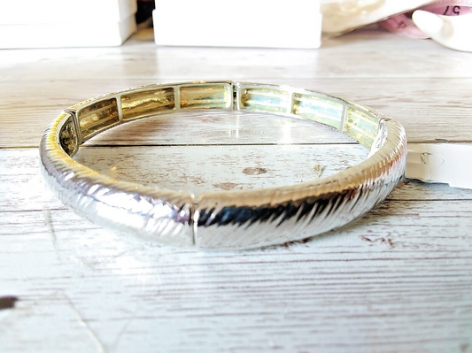 Hypoallergenic Simple Stretch Silver Tone Bracelet on white background