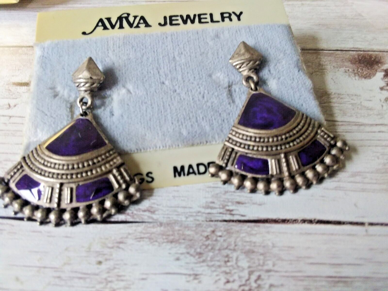 Dark Silver and Blue 1980s Enamel Dangle Fan Earrings on display