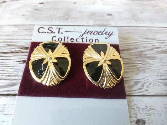 Vintage 1980s Black and Gold Oval Earrings