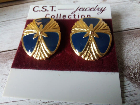 Jetset Elegance: Vintage Sleek Navy Blue and Gold Oval Earrings