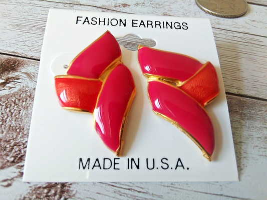Sizzling 80s Revival: Hot Pink Ribbon Design 1980s Earrings with Orange Accents