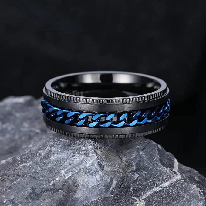 Urban Chic: Size 7 Intertwine Stainless Steel Black and Blue Spinner Ring