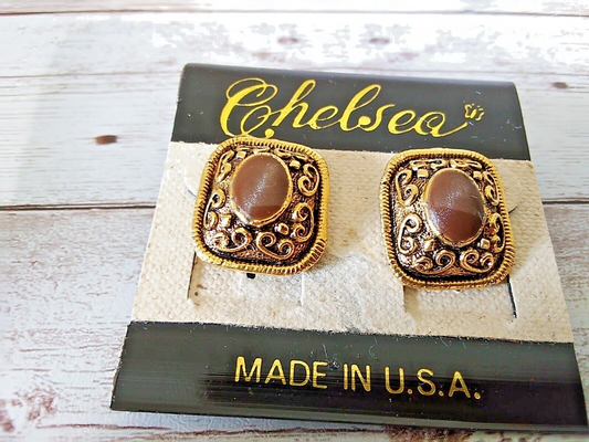 Nostalgic Brown and Gold Plated Retro Style Enamel Post Earrings