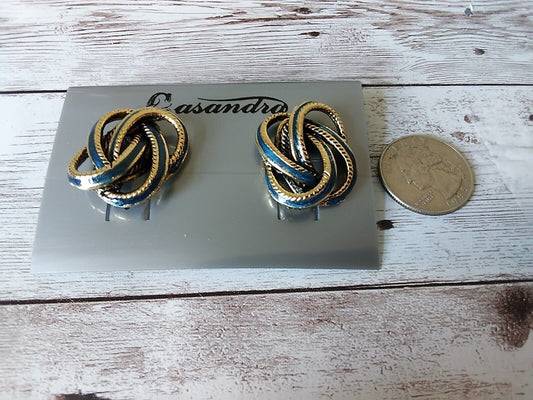 Navy Nights: Vintage Knot-Shaped 1980s Gold Tone and Navy Blue Earrings
