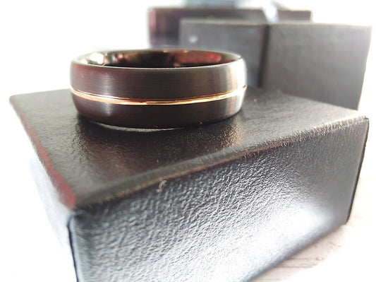 Commanding Tungsten Dark Knight 18k Rose Gold Plated Ring close-up view