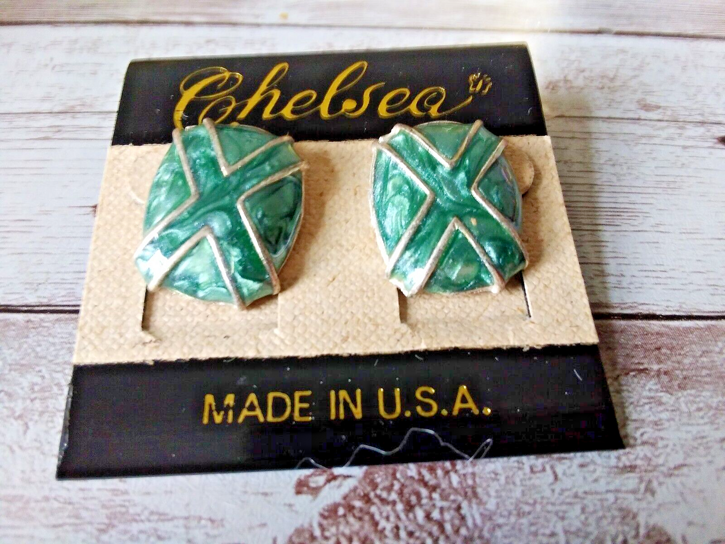 Close-up of the silver-tone metal and teal enamel on vintage 1980s earrings