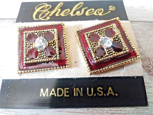 Opulent Retro Chic: Dark Red and Gold Tone Square Authentic 1980s Earrings