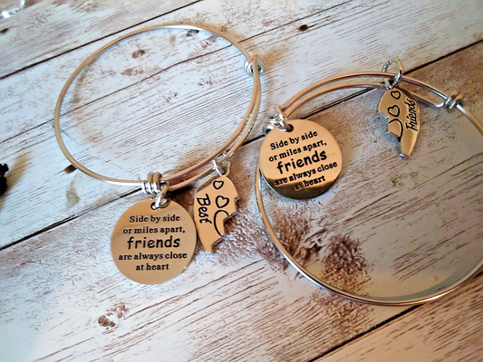 Close-up of engraved bracelet with heartfelt friendship quote