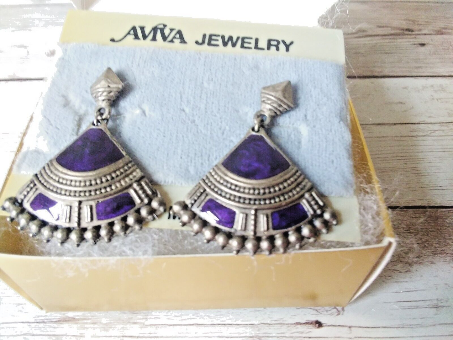 1980s retro dangle earrings with unique dark silver and blue enamel pattern